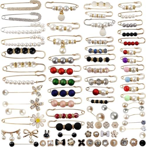 TIHOOD 75PCS Pearl Brooch,Pant Waist Tightener Safety Pin Double Faux Pearl Brooches for Women Girls Fashion Cover Up Buttons Clothing Dresses Decoration Accessories Pant Waist Tightener Safety Pins